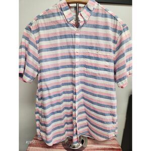 Denim & Flower Button Down Shirt Mens XL Slim Fit Short Sleeve Pink/Blue/White